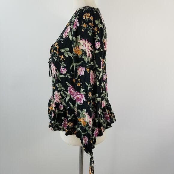American Eagle Outfitters Black Purple Green Boho Floral Tie Neck Top Size Small - Picture 2 of 5